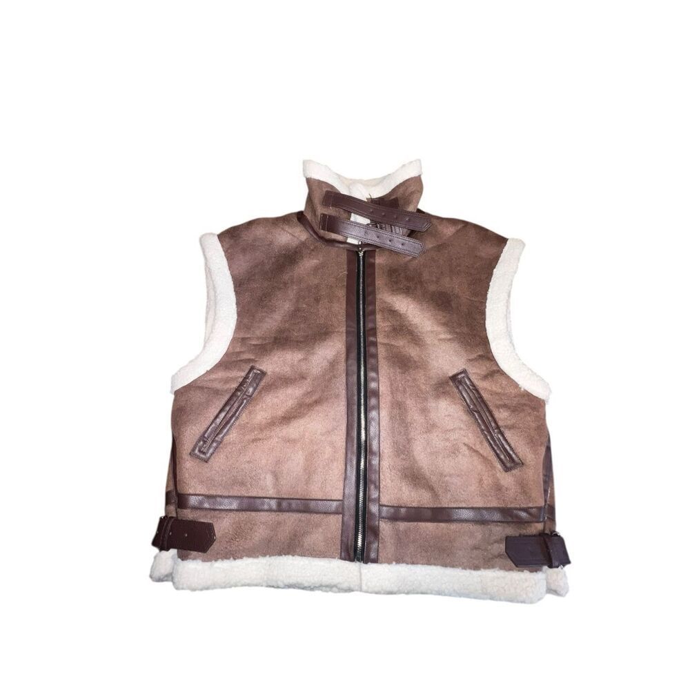 Moon River M anthropologie Ellie Faux Shearling brown Vest moto Viking - Picture 9 of 11